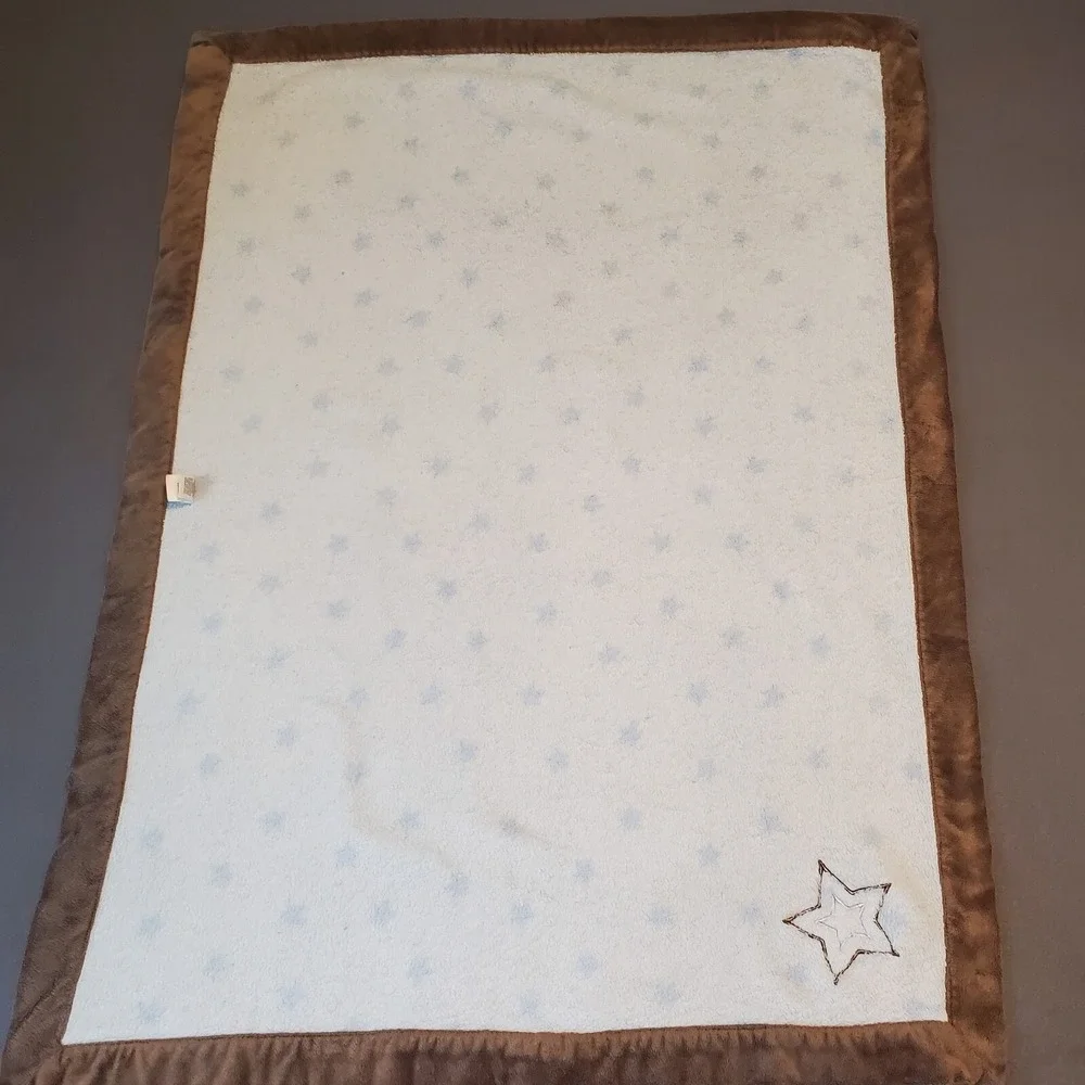 Carter's Just‎ One You Blue Star Fleece Baby Blanket Brown Star Applique, Trim